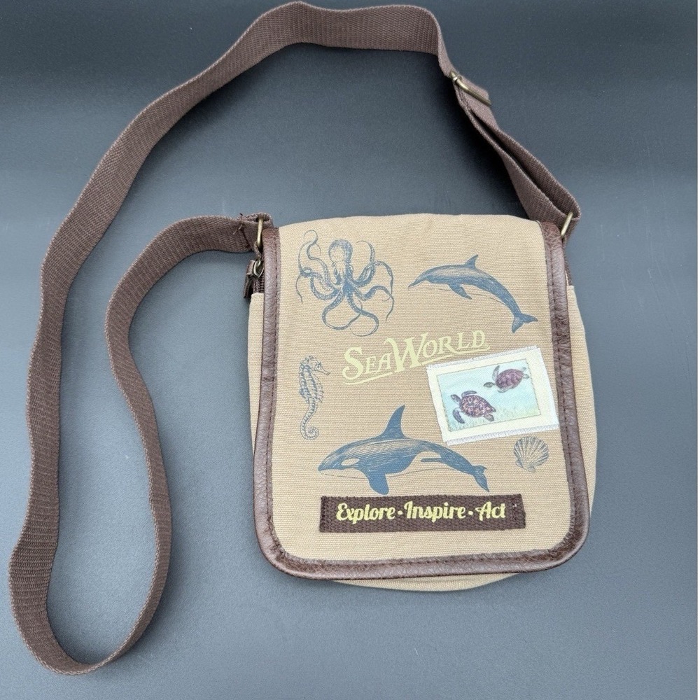 SeaWorld Explore Inspire Act Crossbody Bag Purse Brown Canvas Bohemian Hobo
